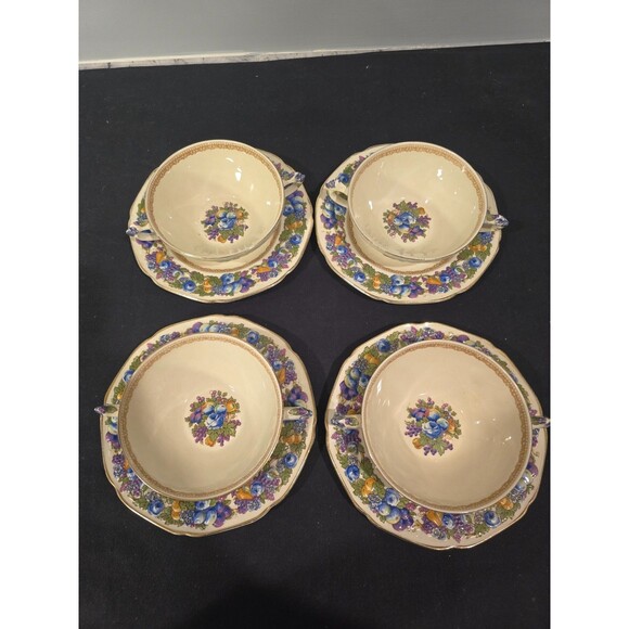 Crown Ducal "Florentine" Cream Soup Bowls with Underplates – Set of 4 - Picture 2 of 15